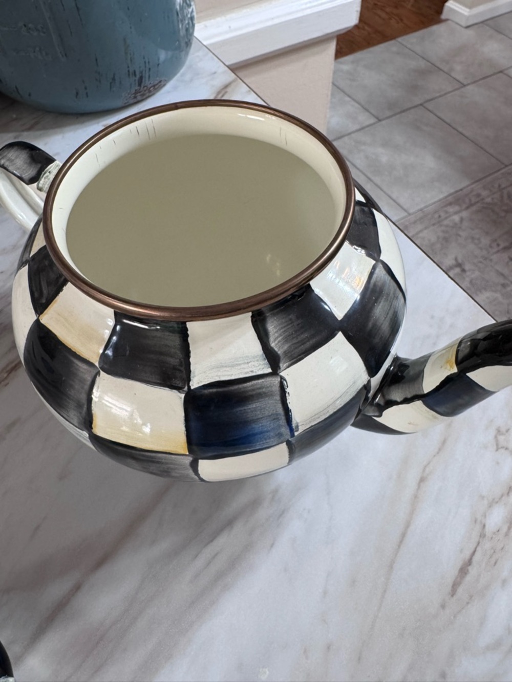 MacKenzie-Childs Black & White Check Teapot with Pink Finial - Picture 7 of 7